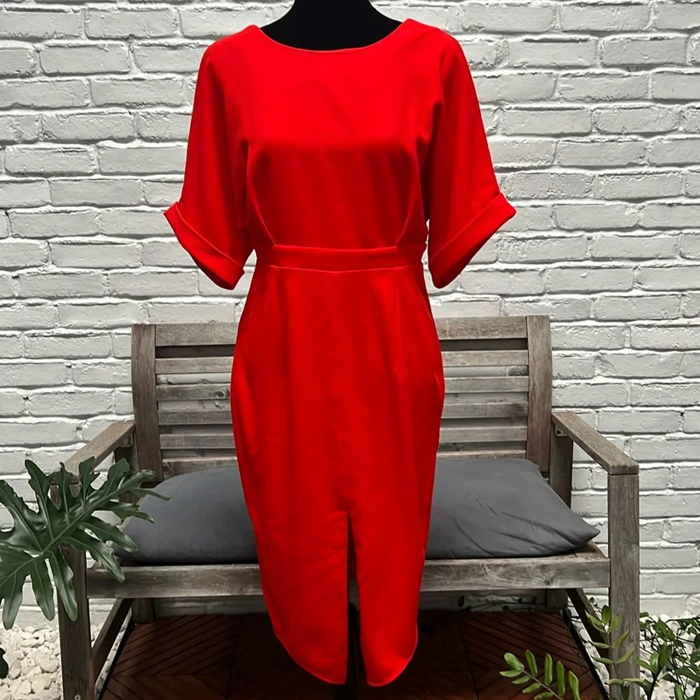 🟠 ASOS Petite Chic Red-Orange Crepe Midi Dress, size 8 - Picture 4 of 11